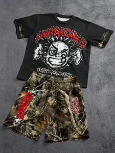 Men's American Streetwear Cartoon Camo Sport Set, Y2K Millennium Style, Outdoor Hunting Camouflage, Bold and Unique Fashion