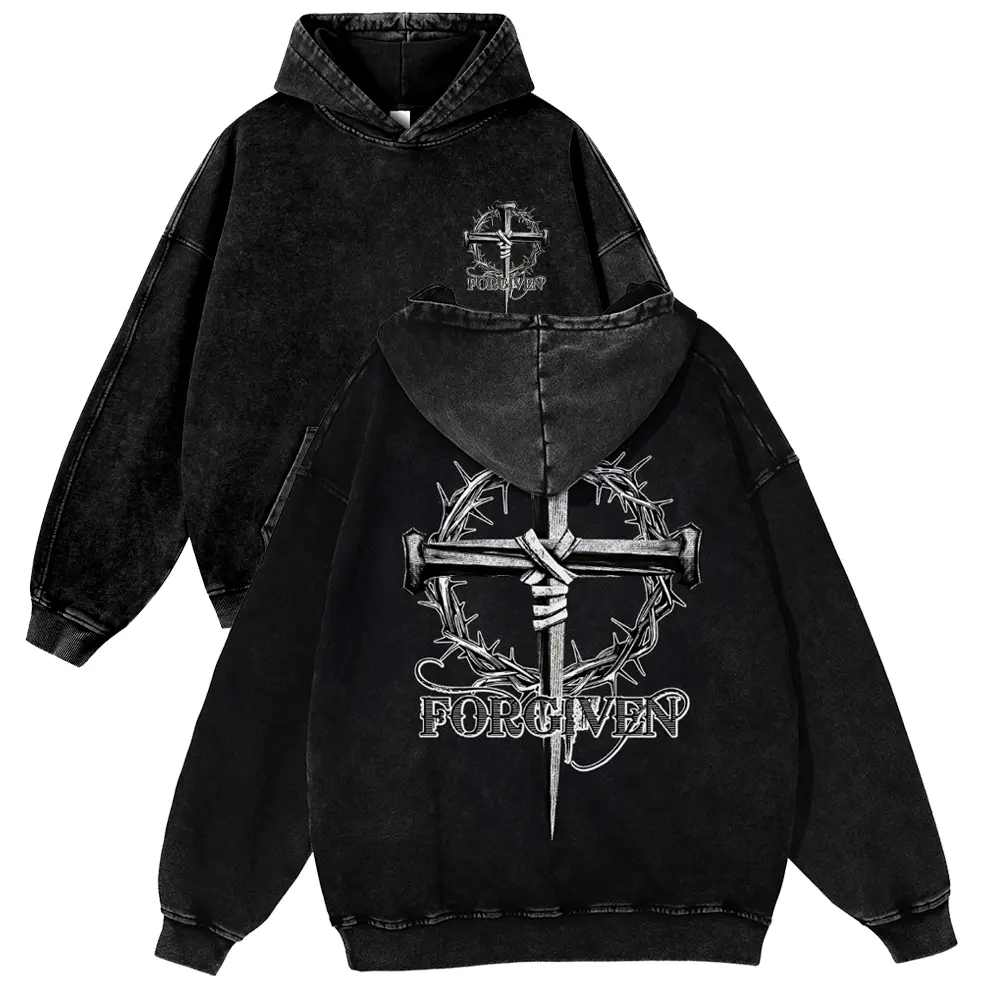 Vintage Washed Forgiven Cross Graphic Hoodie Heavyweight Oversized Christian Faith Pullover Unisex Streetwear Sweatshirt