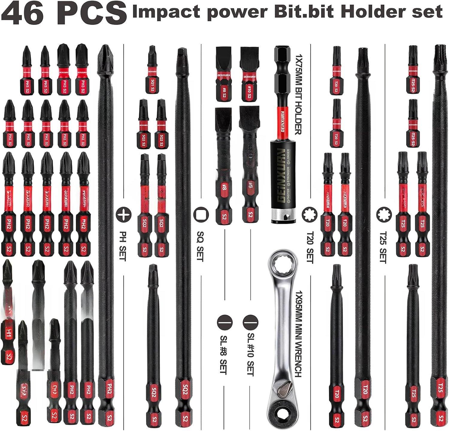 Impact Tough  Mixed 46Pack Insert Driver Bits, S2 Alloy Steel  Power Bits Set with 1 count Impact  Bit Holder and Mini Wrench