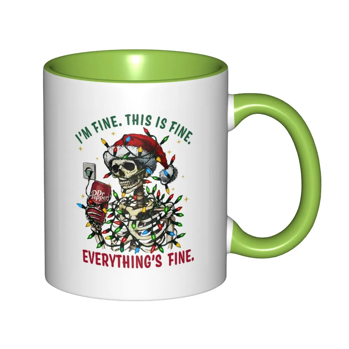 I'm Fine This Is Fine Christmas Skeleton Accent Coffee Mug, Santa Hat Skeleton Tangled Christmas Lights Beer Can Graphic , Funny Gothic Christmas Holiday Gift For Men Women # ChristmasSkeletonMug # ImFineThisIsFine#all-season gift#Funny Accent Coffee Mug