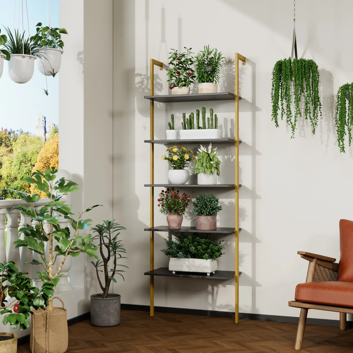 5-Tier Sturdy Wall Mounted Ladder Bookshelf, 70.87x23.62x11.81in Waterproof MDF Storage Rack with Reinforced Durable Metal Frame, 50LBS Per Tier Open Shelving Unit, Assembly Required, Easy to Assemble & Clean Space Saver for Living Room, Bedroom, Space Sa