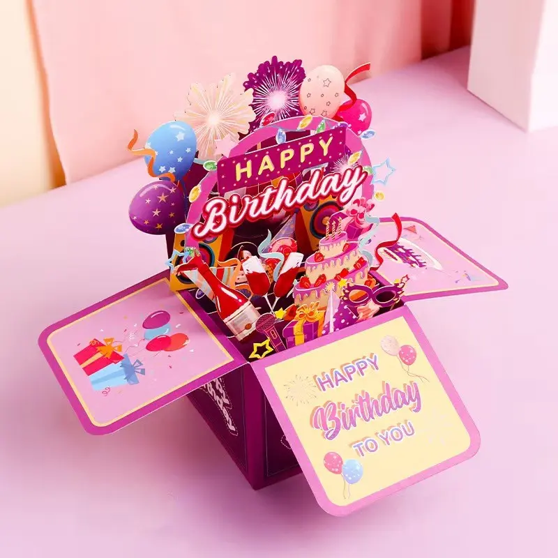 Birthday Greeting Card Set with Envelope, Pop-Up Design, Cake and Party Elements, Customizable Note Card, Perfect for Wife, Birthday Cards
