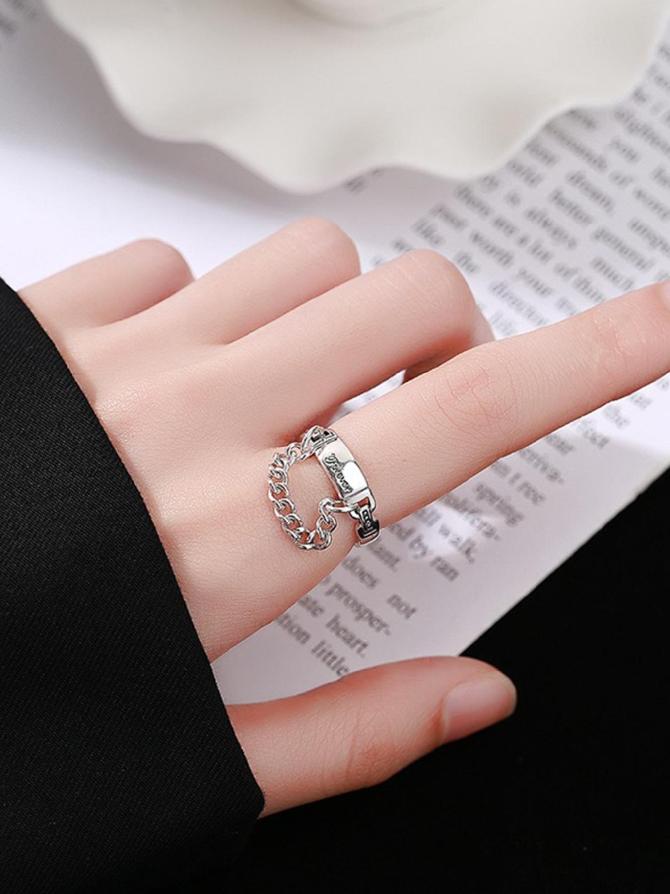 925 Sterling Silver Vintage Letter Design Engraved Ring, Adjustable Chain Design Ring for Women & Girls, Fashion Jewelry for Party, Daily Decor, Trendy All-match & Exquisite Jewelry for Birthday Gift, Valentine's Day, Gift