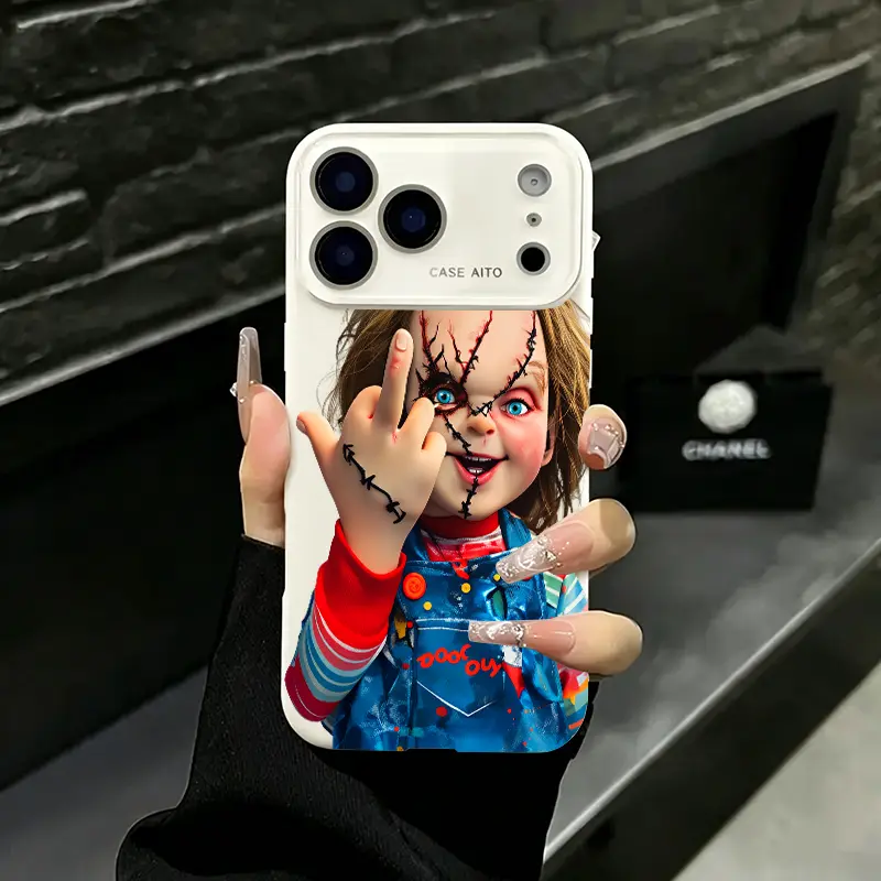 Chucky Creepy Gesture Pattern Liquid phone case with large window suitable for iPhone 17 Air 16 15 14 13 12 11 Pro Promax Plus phone case camera protection skin touch border shock absorbing protective cover