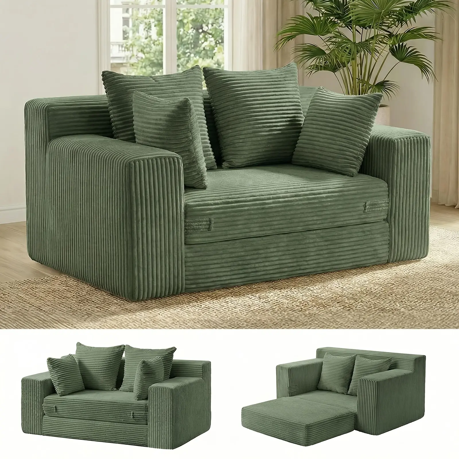 Boneless Couch Loveseat Sleeper, Convertible Sofa Bed Folding Couch Bed Foldable, 2 in 1 Boneless Chair And Futon Sofa Bed, Small Pull Out Sofa with 4 Pillows, No Assembly, Compression Packing