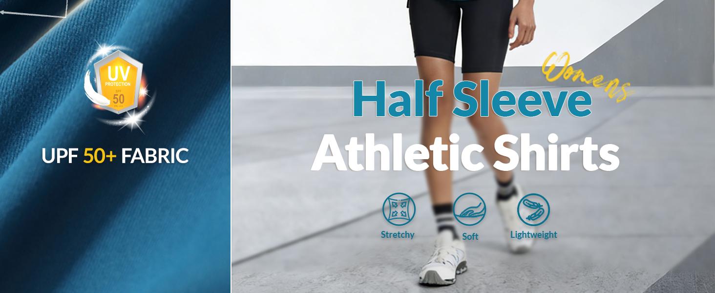 Baleaf Women's V Neck Half Sleeve Workout Top UPF 50+ Sun Protection Athletic Shirt Loose Fit with Curved Hem for Yoga and Running