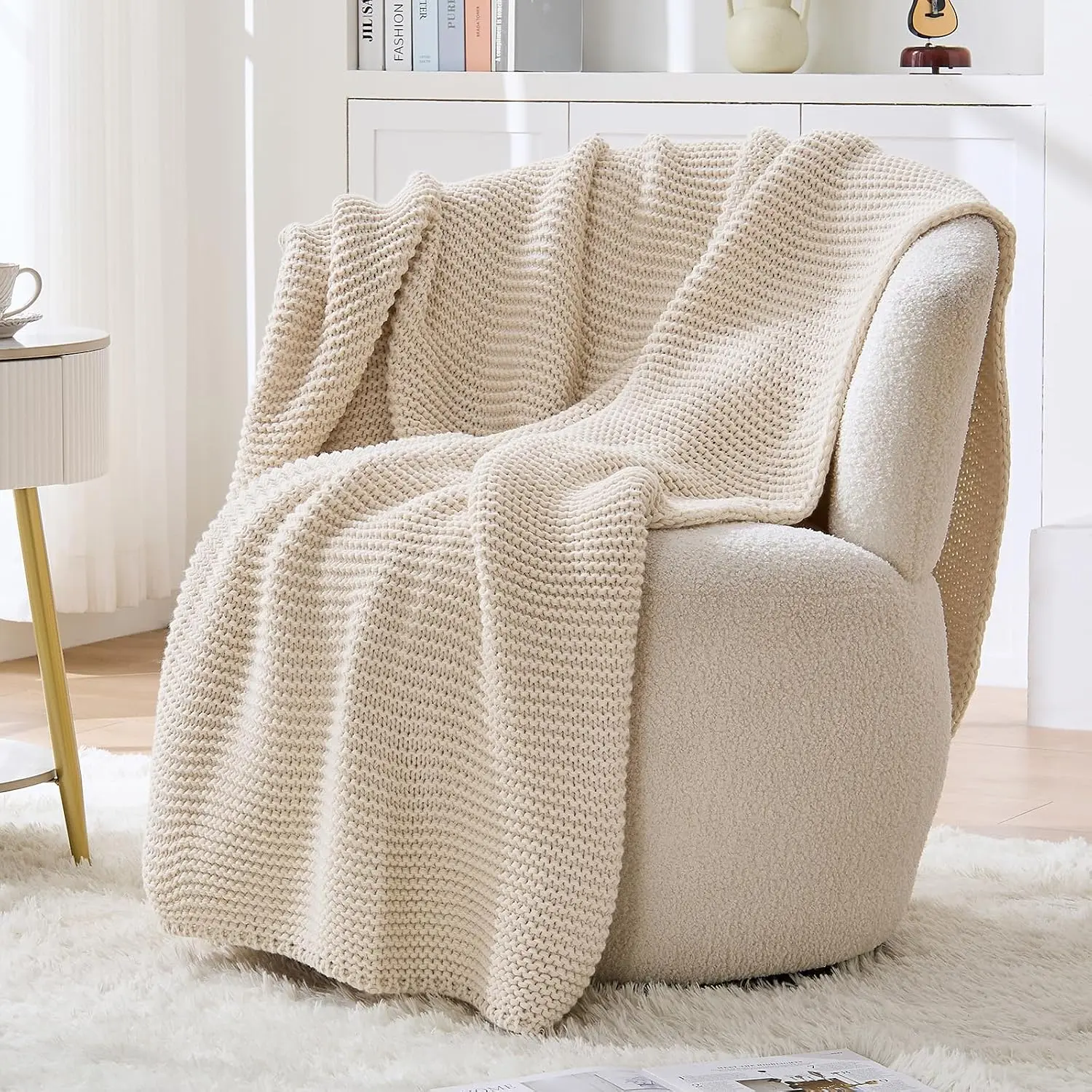 Beige Throw Blanket, Garter Knit, 60" x 80",  Beige | Soft Cozy Lightweight, Warm and Breathable, Rustic Reversible Decorative Textured,  Knit Blanket for Couch, Bed