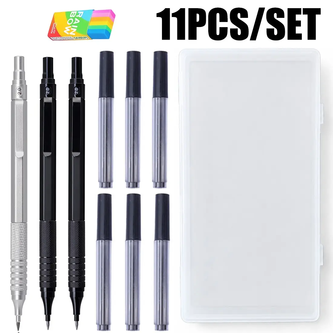 11 metal mechanical pencil sets, 0.5/0.7/0.9/2.0mm low center of gravity automatic drawing pencils with pencil lead and eraser, used for art sketching, painting, student school and office writing stationery supplies