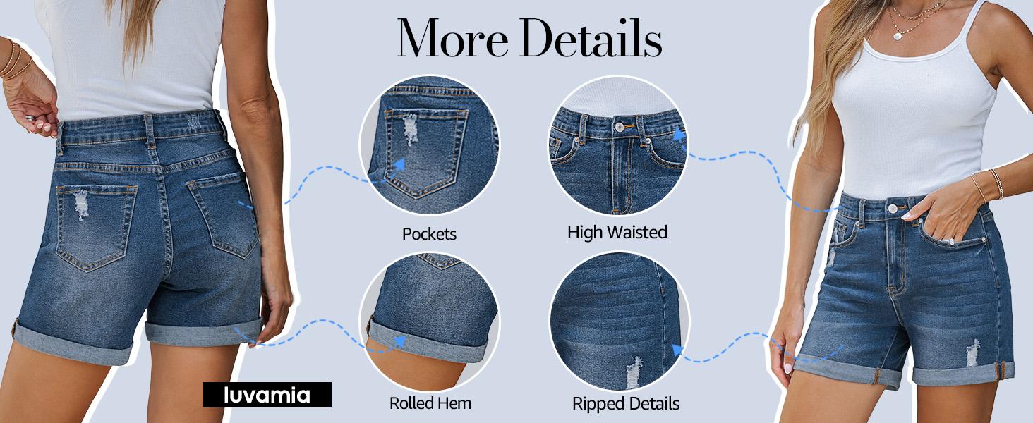 luvamia Denim Shorts Women's Casual Ripped Denim Shorts High Rise Distressed Rolled Hem Jeans Shorts Bottom Pants