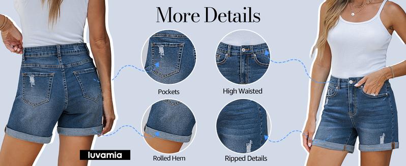 luvamia Denim Shorts Women's Casual Ripped Denim Shorts High Rise Distressed Rolled Hem Jeans Shorts Bottom Pants