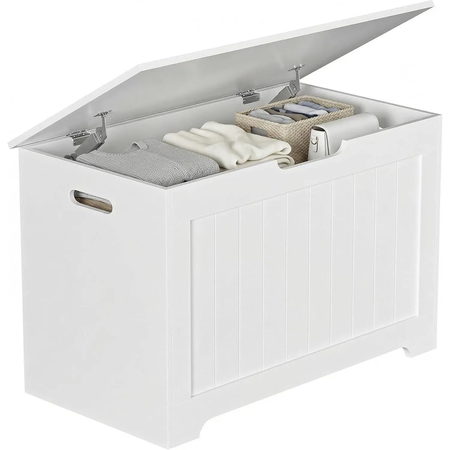 Storage Chest with Flip-top Lid, Large Wood Trunk Bench with Safety Hinge, Bedroom Living Room Clothes Blanket Organizer Bin with 100L Storage Area, White