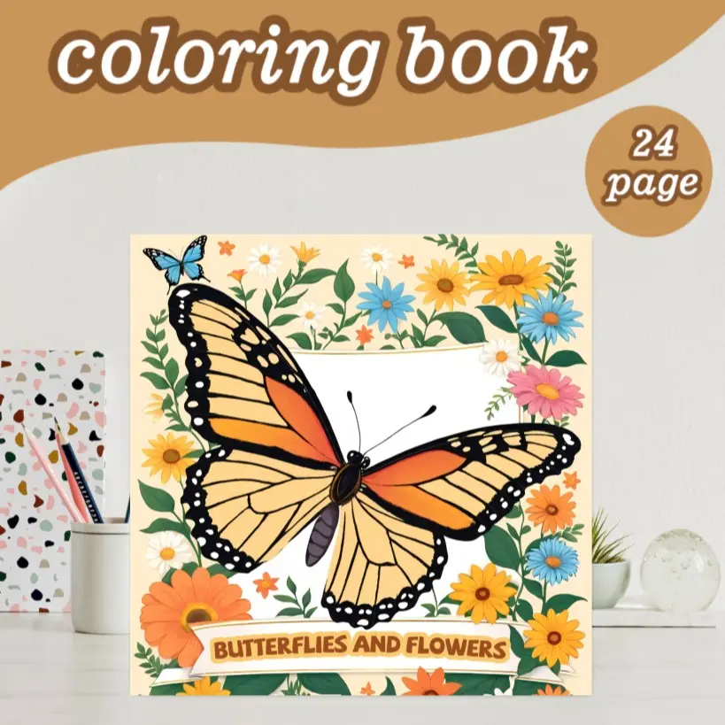 Butterfly and Flower Coloring Book, 7.9in X 7.9in, 24 Thick Pages, Original Hand-Drawn Designs, Perfect Gift for Adults, Kids, Teens, Holidays, Parties