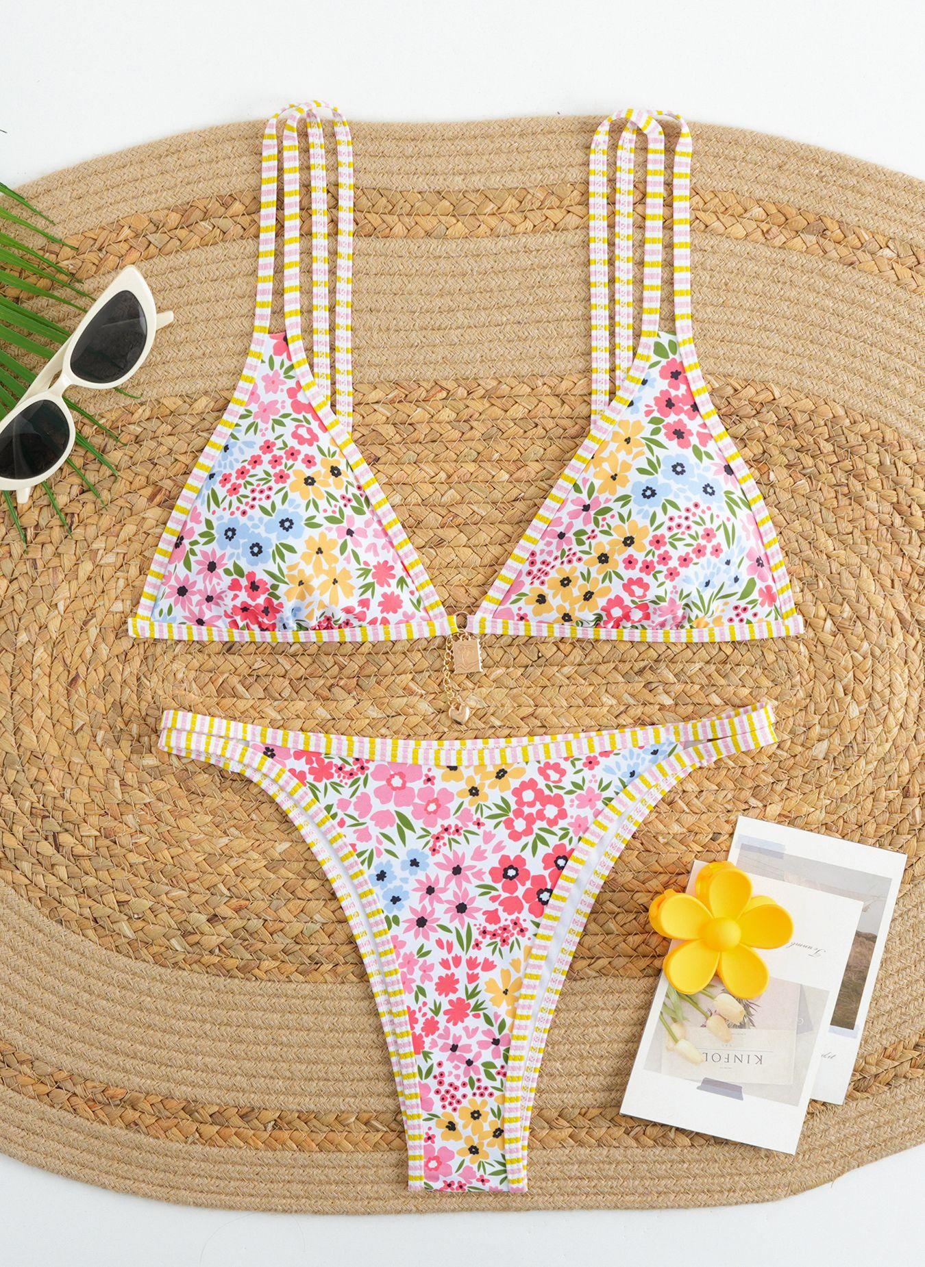 Women's Floral Print Bikini Set, Flower Print Bikini, Casual Fashion Chic Swimsuit Set for Beach Holiday Vacation, Ladies Swimwear for All Seasons