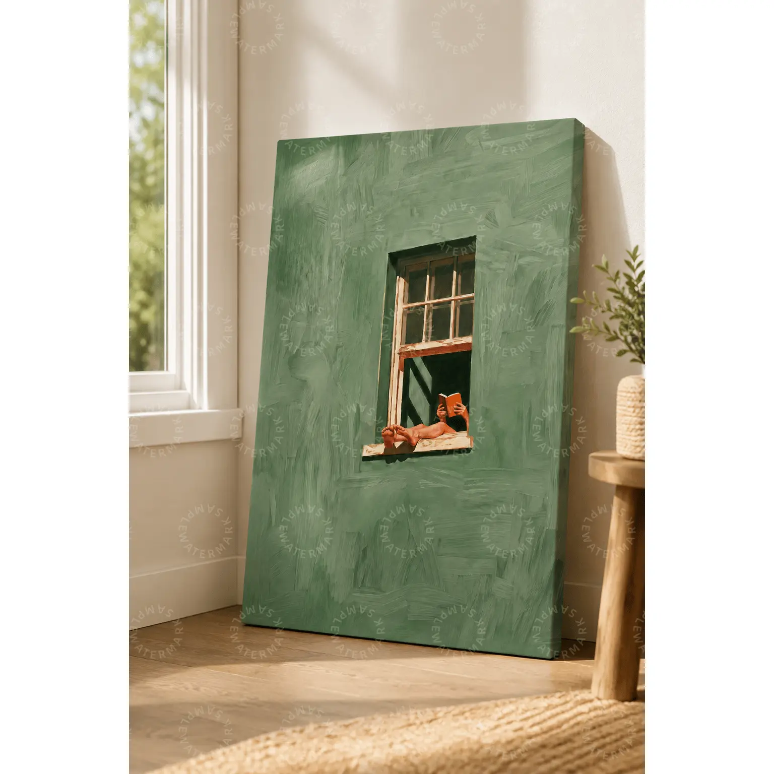 Sage Green Window Reading Canvas Poster, Minimalist Book Lover Figurative Art, Aesthetic Wall Decor, Bedroom Wall Art, Living Room Decor, Office Wall Art, Modern Reading Nook Home Decor