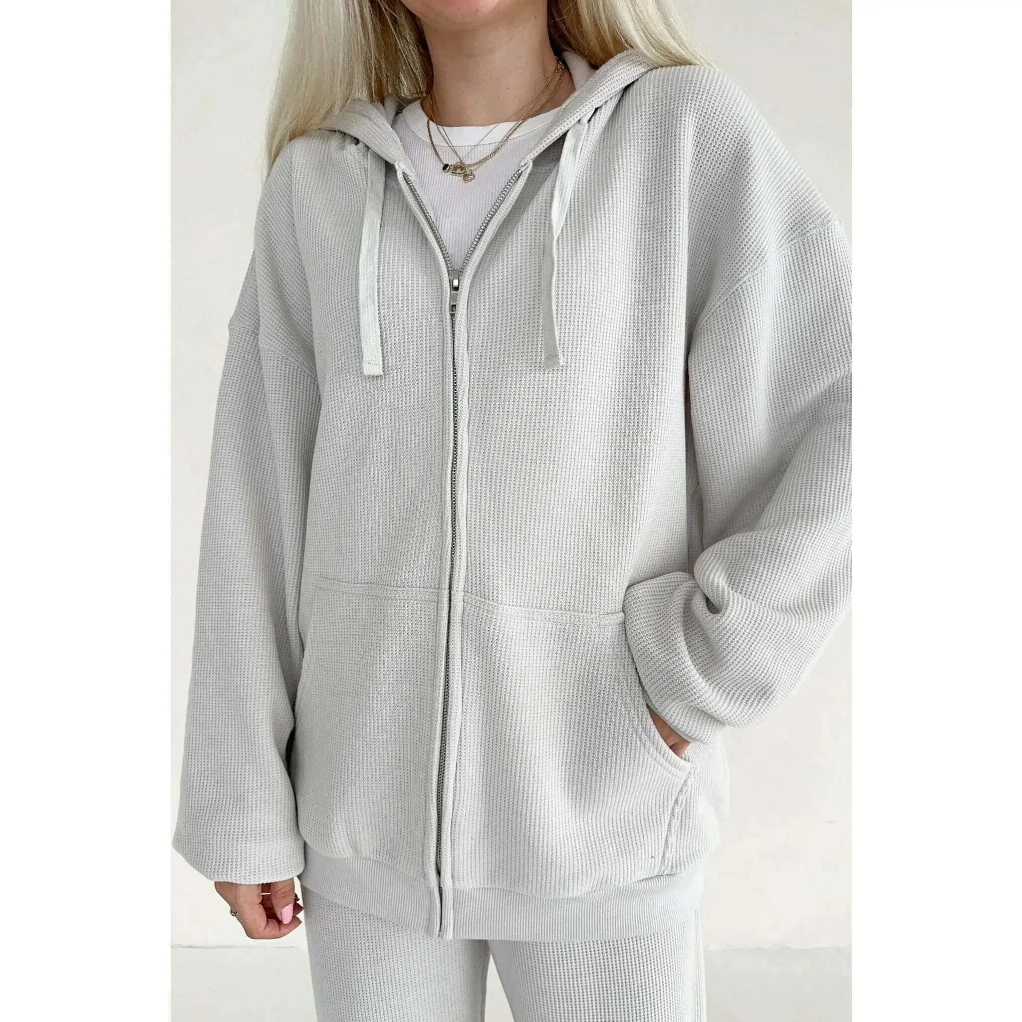 Waffle Knit Hoodie in Earl Grey