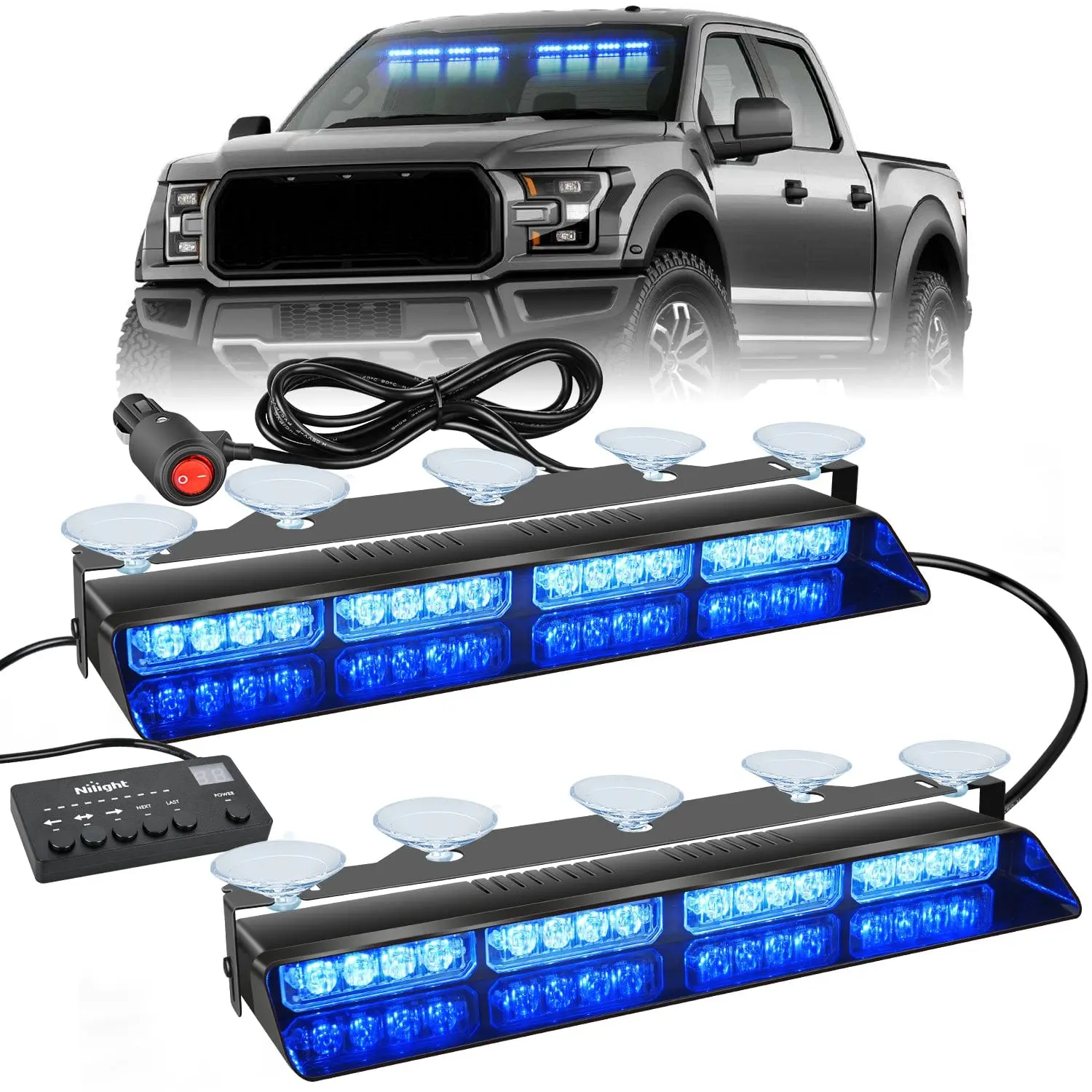 Nilight 32-LED Blue Emergency Dash Strobe Lights, ABS+PC Body Car Indicator Lights with Controller, Leakproof Suction Cups, Flickering Mode, Steady On/Off for All Vehicles, Emergency Lights, Surface Mount