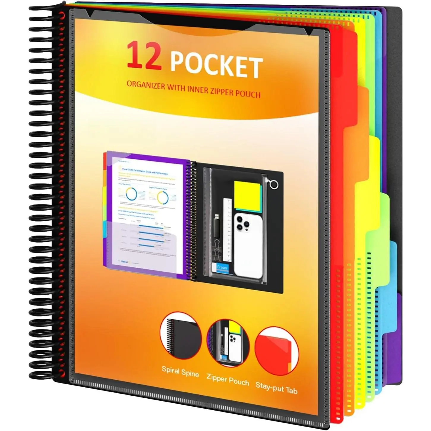 12 Pocket Project Organizer, 6 Colors Folders Binder with Dividers, Black | Multi Pocket Folders, Spiral Pocket Notebook, with Zipper Pouch, Office Organizer File Folders, Letter Size, School Supplies