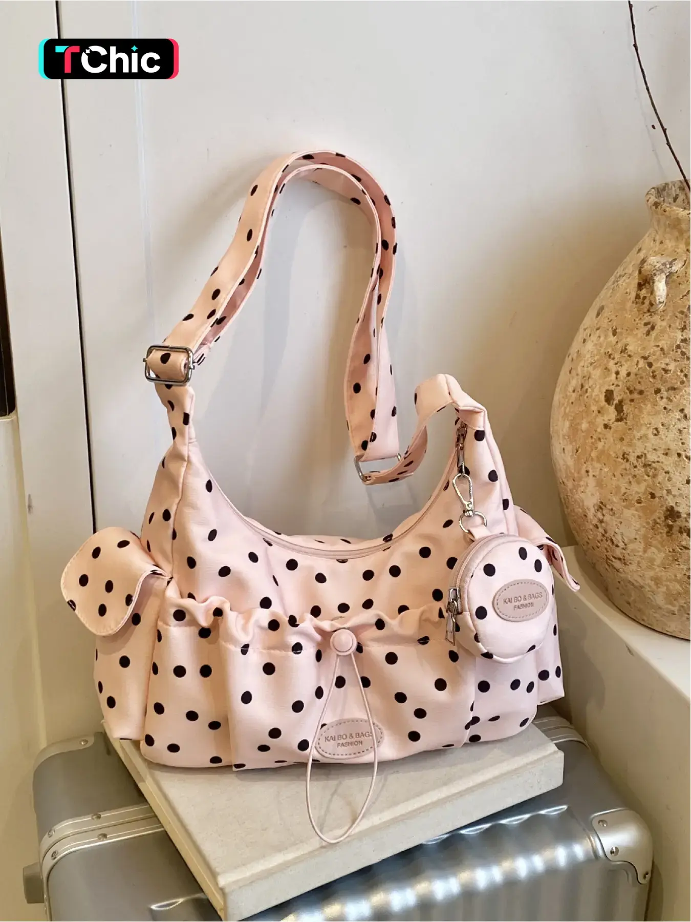 Dot printed commuting shoulder bag, Crossbody shoulder bag, Everyday shoulder bag, Dot fabric+wide shoulder strap+drawstring closure, with detachable coin purse, can hold computers, books, daily necessities, Ideal for commuting workers and students