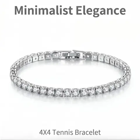 4mm Square Micro Pave CZ Tennis Bracelet, Silver & Yellow Gold Two Tone White Crystal Stackable Minimalist Chain Jewelry Gift for Women Men Daily Party Beautiful Bracelets