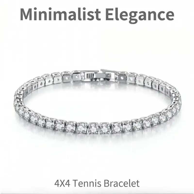 4mm Square Micro Pave CZ Tennis Bracelet, Silver & Yellow Gold Two Tone White Crystal Stackable Minimalist Chain Jewelry Gift for Women Men Daily Party Beautiful Bracelets