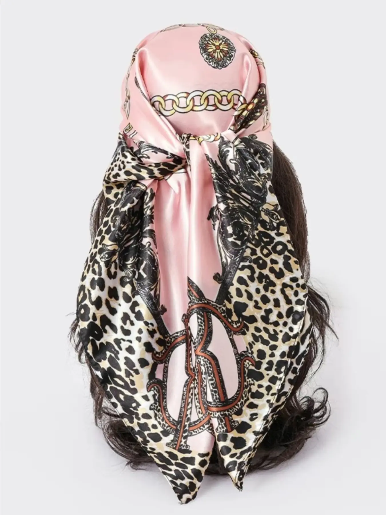 Leopard Chain Print Satin Square Scarf, 90cm Large Size, Women's Spring Summer Scarf/headscarf, Boho Style Shawl, Versatile Fashion Accessory