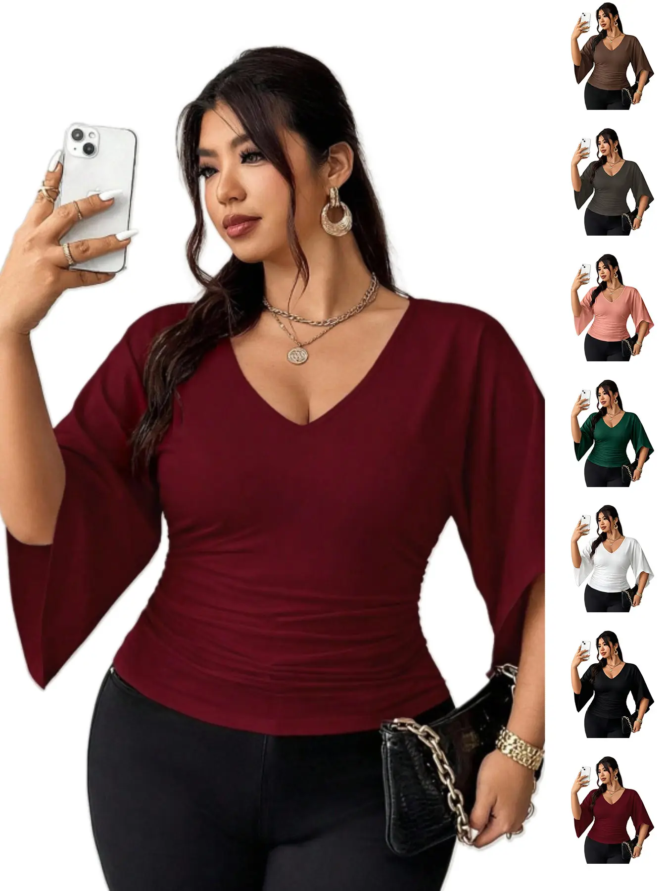 Plus Size women's French deep V flare-sleeve top, with pleated side waist to conceal fat, dating and commuting short T-shirt, curve girl's versatile base shirt,Soft and elastic top, Aesthetic Chic