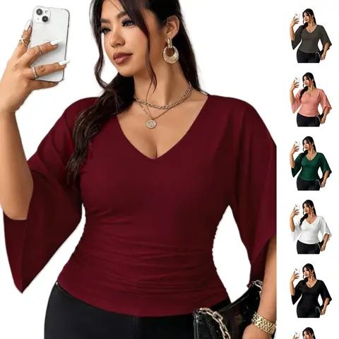 Plus Size Women's French Deep V Flare Sleeve Top Tummy Control, Dating and Commuting Short T-Shirt, Curvy Girl's Versatile Base Shirt, Soft and Elastic Top Aesthetic