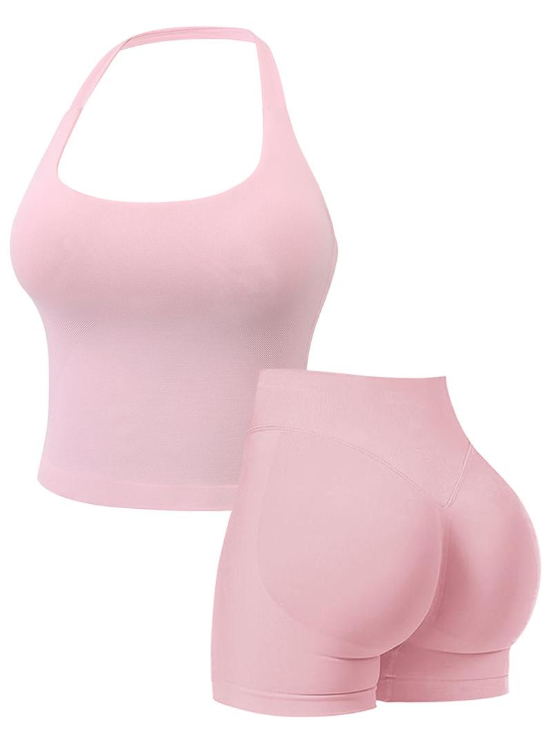 Women's Two-Piece Solid Color Halter Top & High Waist Shorts Sports Set, Sporty Breathable Quick Drying Outfits for Yoga, Gym Workouts and Running, Ladies Sportswear for Summer, Pilates Yoga Wear