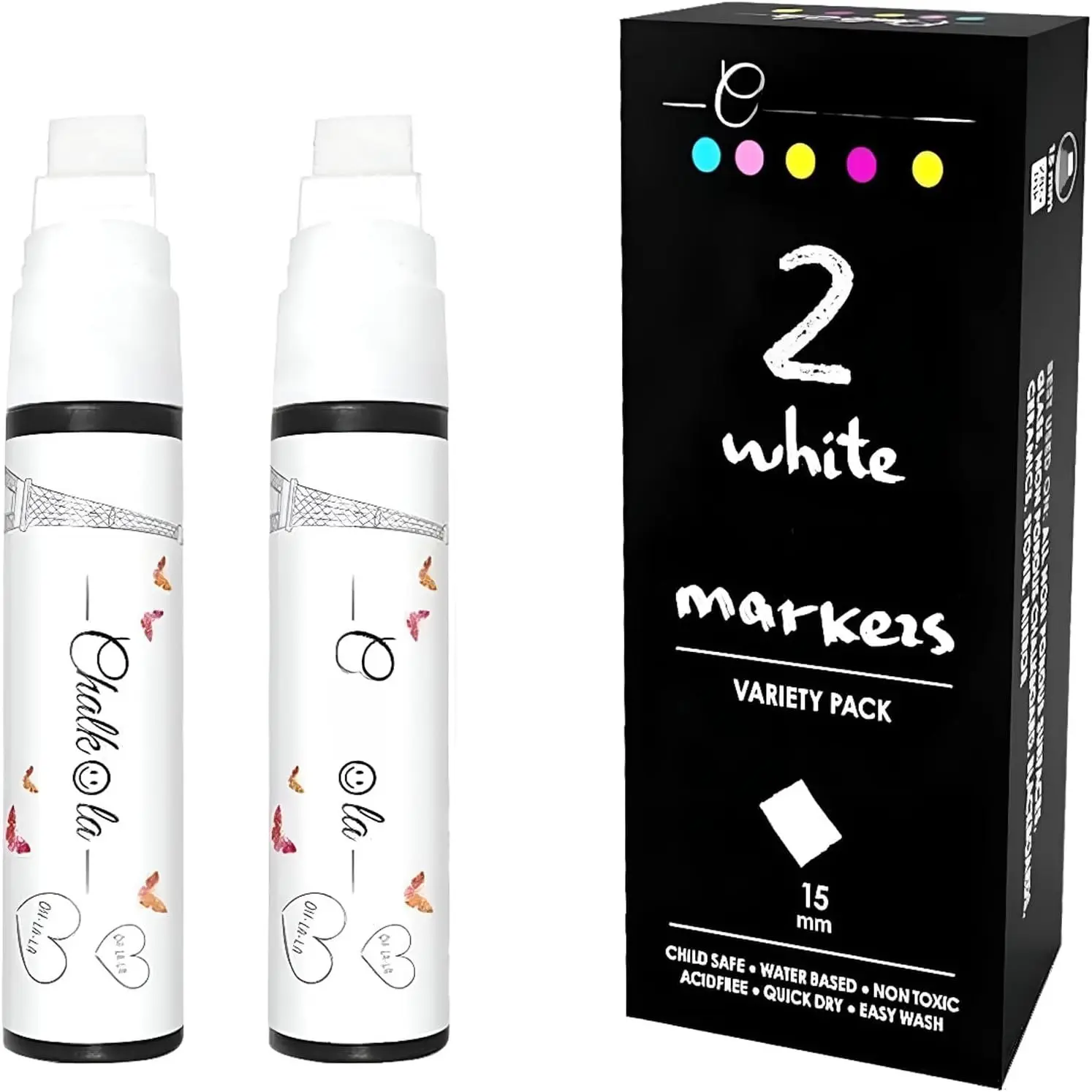 2 White  Window Markers for  - 15mm  Washable Chalk Markers | Liquid White Chalk Pens for Glass, Chalkboard, Whiteboard, Blackboard, Bistro - Loved by Teachers, Artists, Businesses