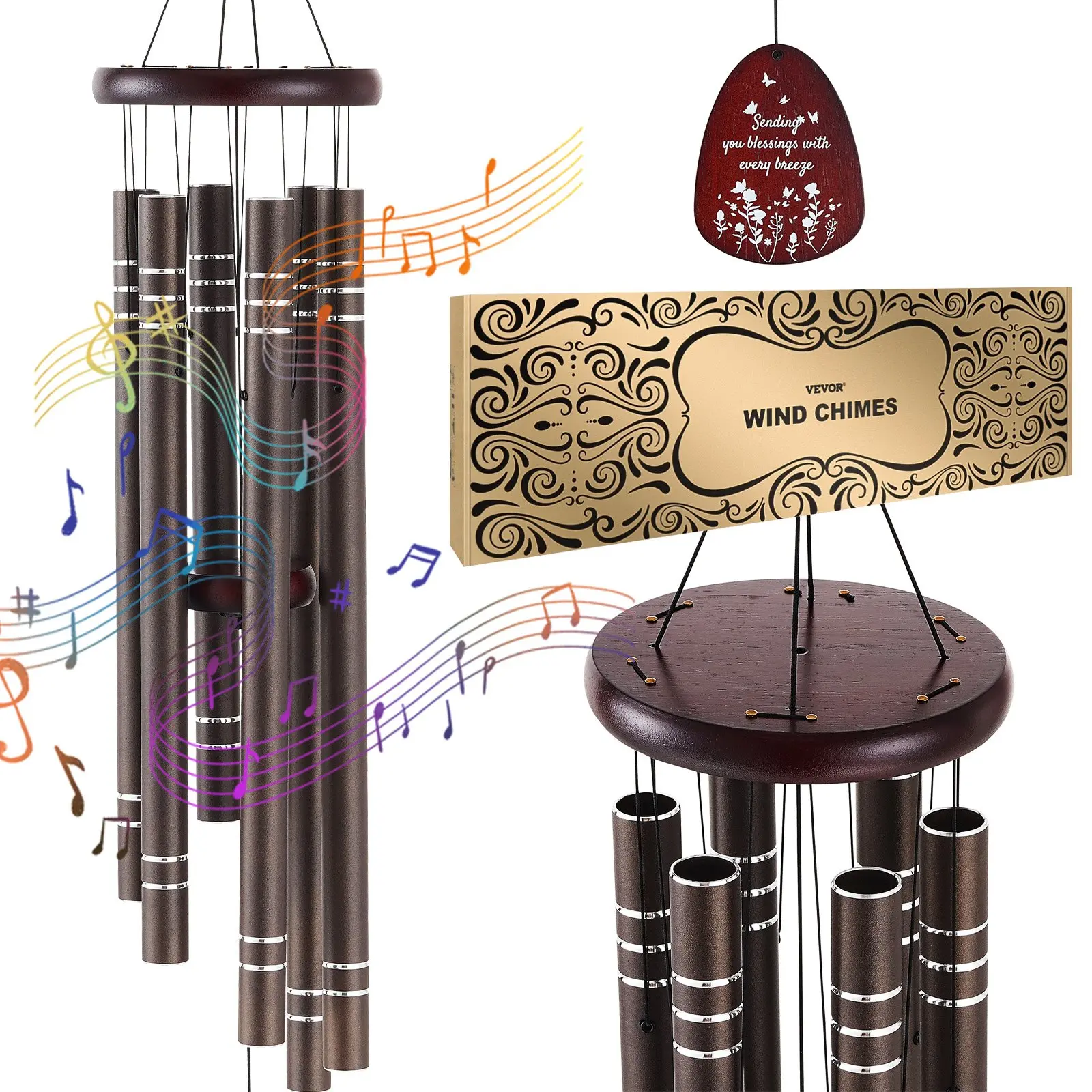 【DealsForYouDays】VEVOR Wind Chimes for Outside, 42", Deep Tone Wind Chimes with 6 Tubes, Unique Large Memorial Wind Chimes for Anniversary, Amazing Outdoor Decor for Your Patio, Porch, Garden and Backyard, Dark Brown