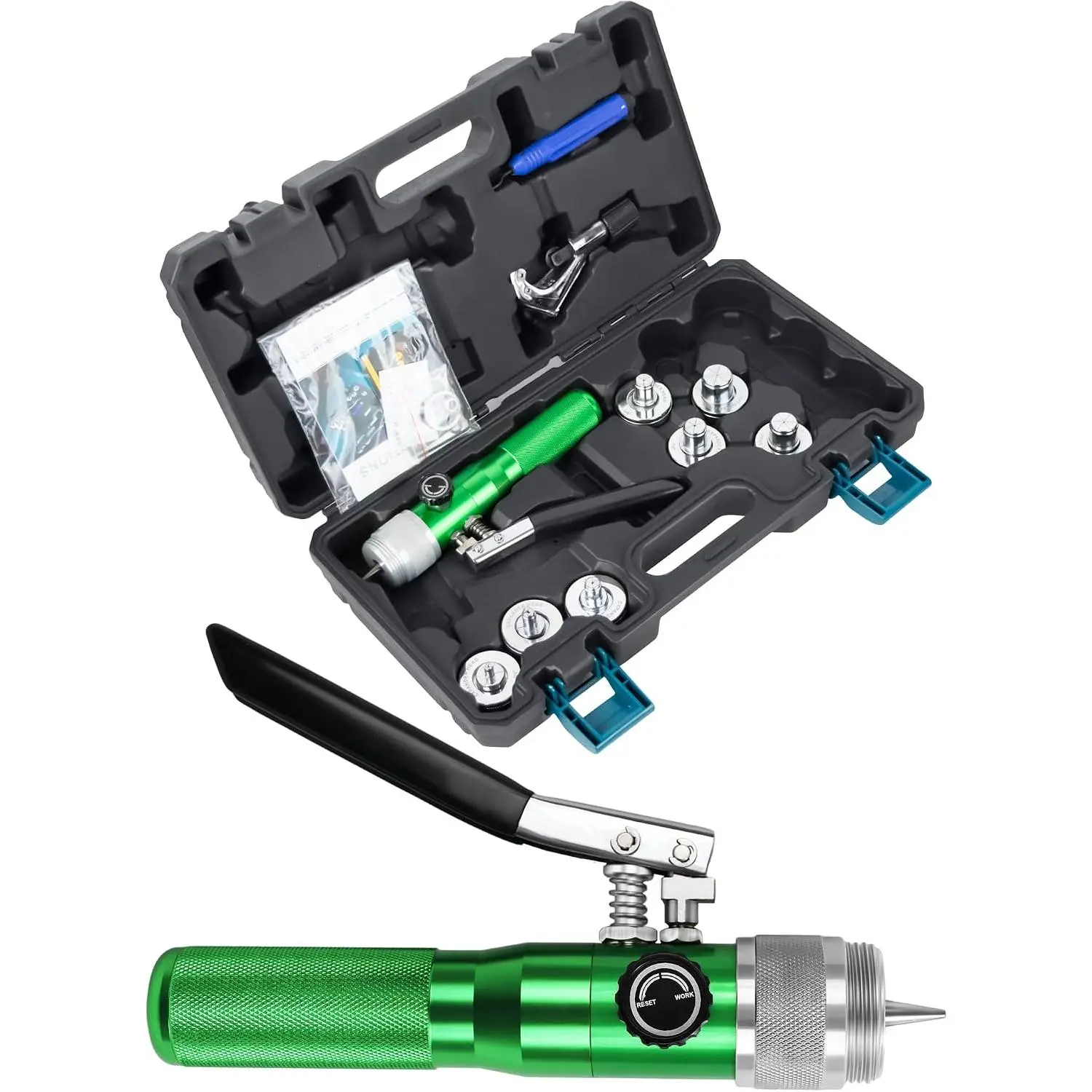 Hydraulic HVAC Swaging Tool Kit with 7 Dies 3/8"-1-1/8" | For HVAC technicians, includes 7 dies for expanding 3/8" to 1-1/8" copper tubing during A/C installation and repair.