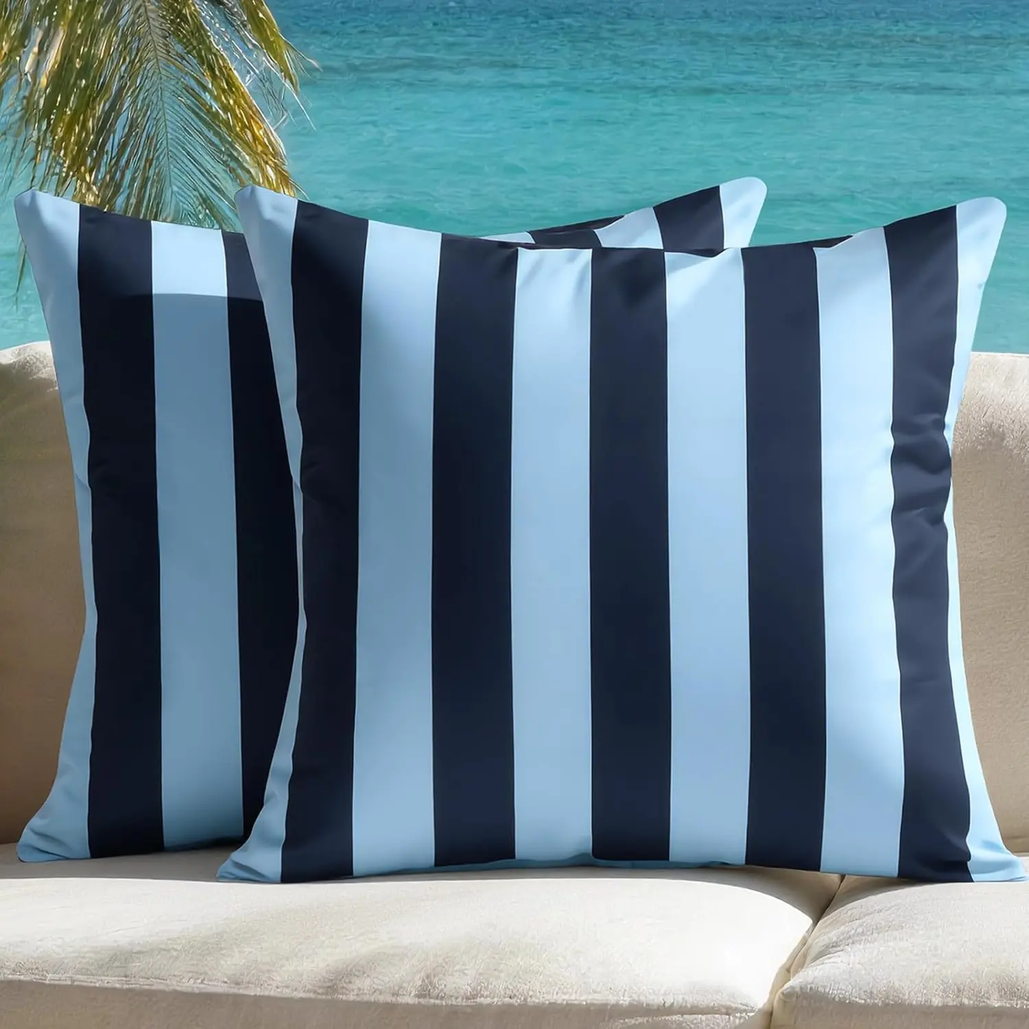 Outdoor  Throw Pillow Covers Pack of 2 Decorative Striped Cushion Cases Modern  Sunbrella Cushion Covers for Patio Furniture Couch Balcony Garden Bench,18x18 inch Navy