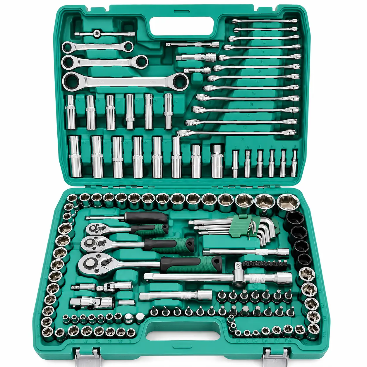 Socket wrench combo tool set, 151 pieces, green chrome-plated repair version torque multiplier