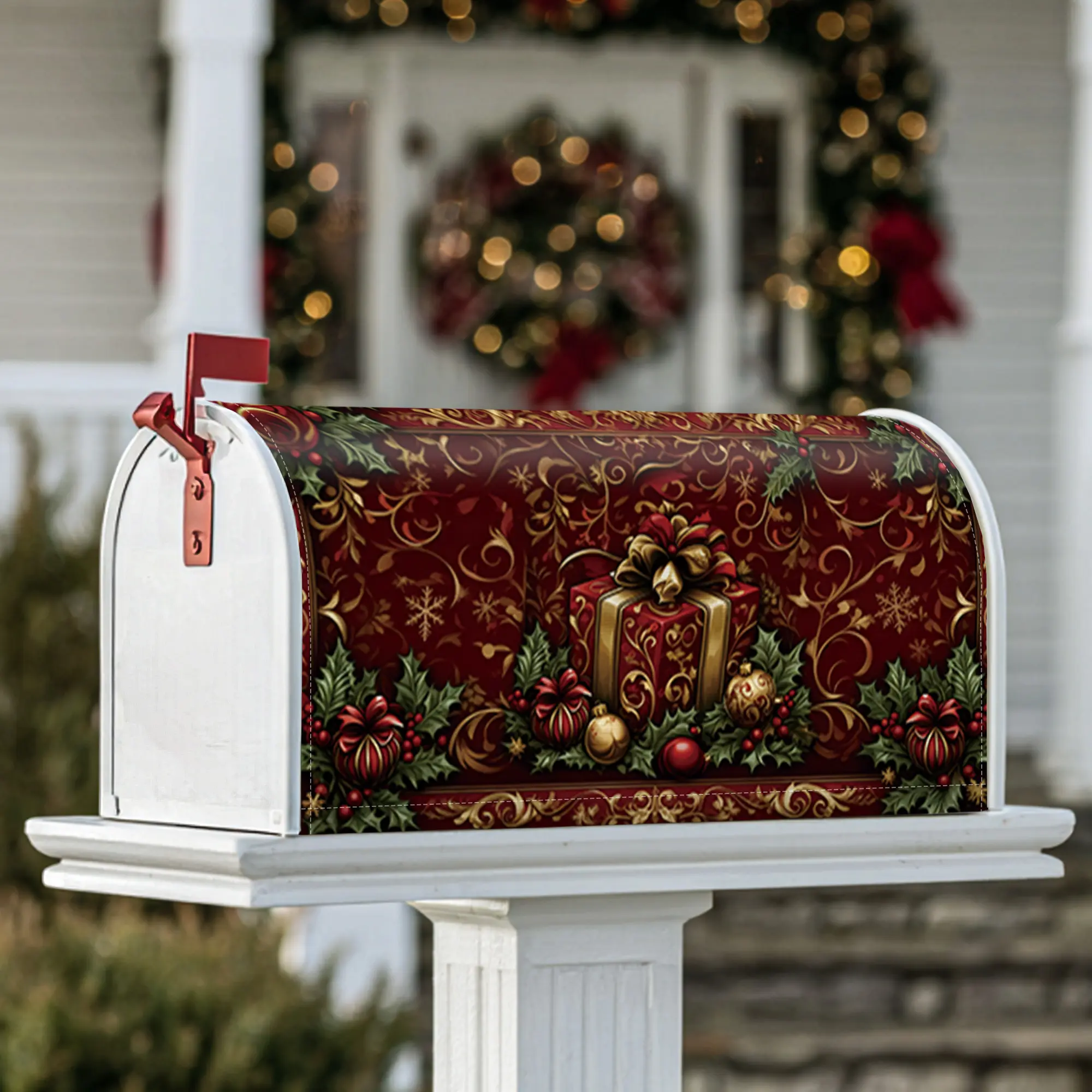 gift Magnetic Mailbox Covers, Christmas festive ornament holly Christmas red Seasonal Mailbox Cover for Front Door Decor