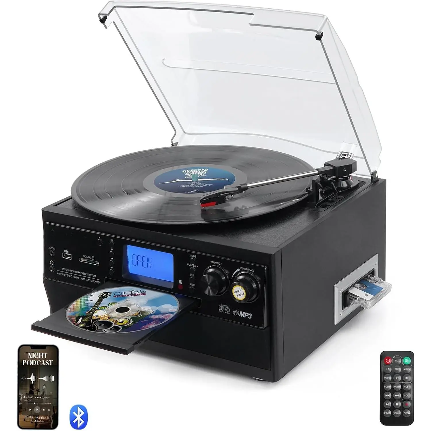 9-in-1 Record Player with Stereo Speaker, 3-Speed Turntable for Vinyl, CD/Cassette Player, , USB/SD Playback, AM/FM Radio, Aux-in, Remote Control (Black)