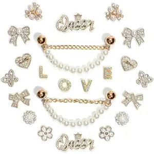 SOGLLQAM Bling Rhinestones and Pearls Shoe Charms Set with Sparkling Shoe Chains, LOVE Queen Letter Charms for DIY Women's Clog Sandals Decor | Trendy Shoe Accessories for Party Girls and TikTok Fashion Gifts