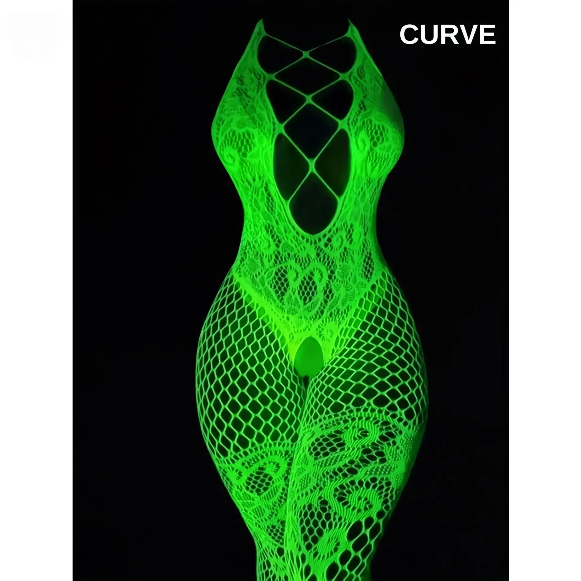 Women’s Glow in the Dark Fishnet Bodystocking, Sexy Sheer Mesh Hollow‑Out Halter Lingerie, Luminous Stretch Lace‑Up One‑Piece Fishnet Jumpsuit, Full Body Stockings for Party Clubwear Festival & Special Occasions