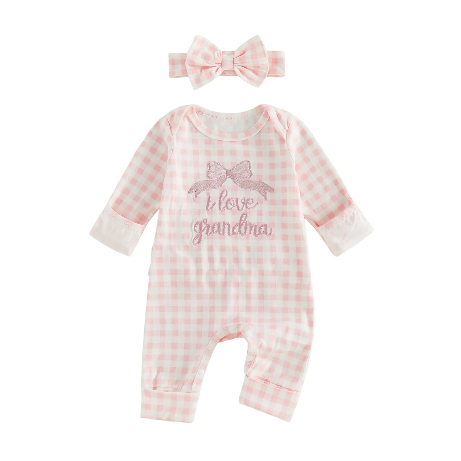 Newborn Baby Girls Outfits Letter Embroidery Long Sleeve Plaid Jumpsuit and Bow Headband Set 0-9 Months
