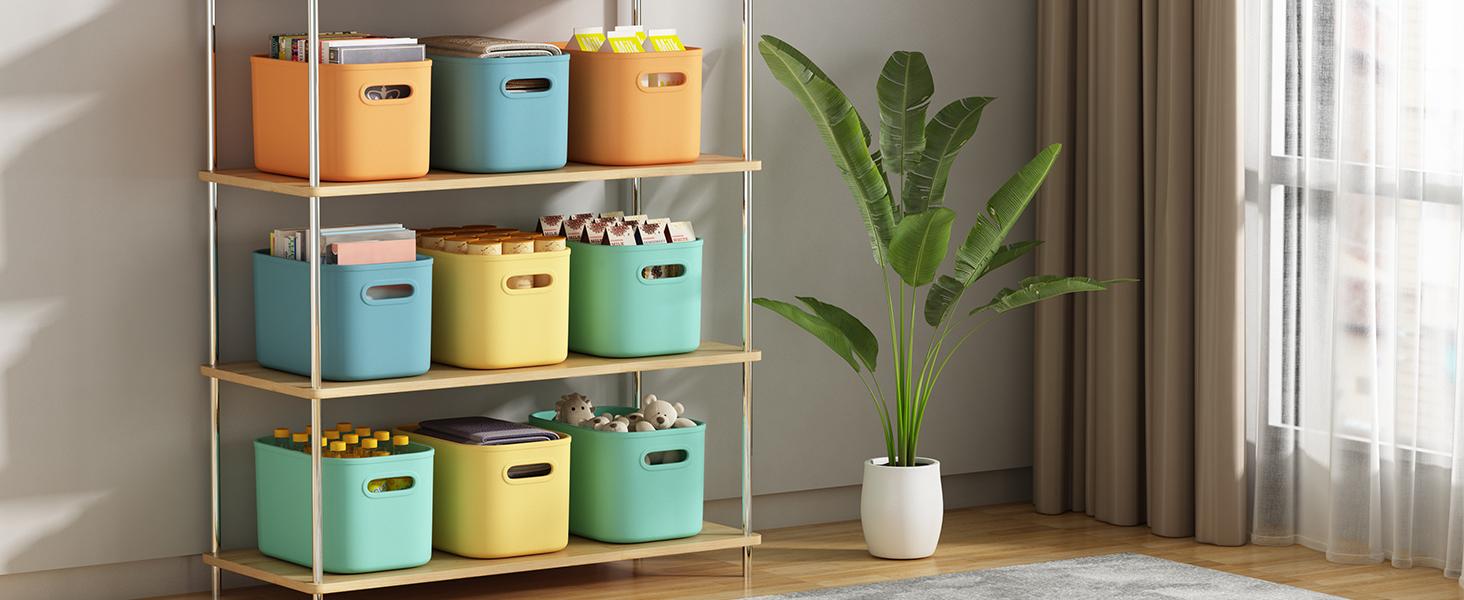 PLL 8 Pack Colorful Storage Bins with Lids Stackable Storage Container for Organizing, Storage Boxes with Handle for Shelves, Cute Storage Bin for Craft, Snacks, 9.85x6.9x5.7 inch