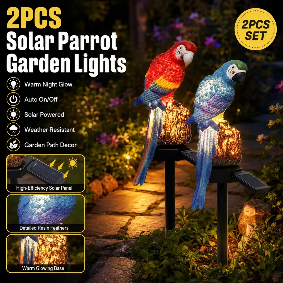 2pcs Solar Parrot Garden Lights, Resin Tropical Bird Stake Lights with Warm LED Glow, Solar Outside Lights, Waterproof Auto On/Off Outdoor Landscape Decor for Yard, Lawn, Patio and Pathway, Decorative Animal Garden Lighting