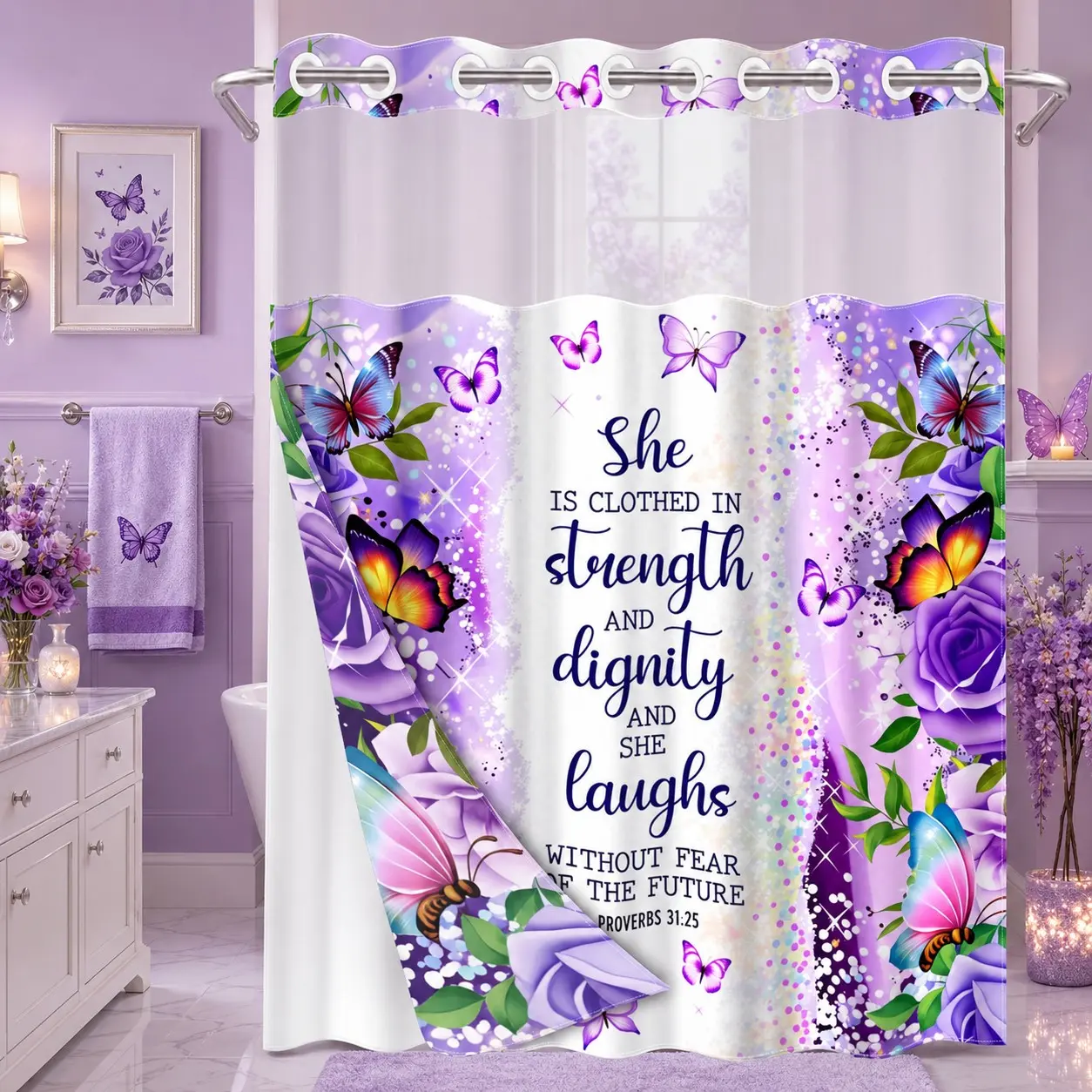 1 Pc Hookless Double Layer Shower Curtain, Decorative Shower Curtain, Purple Rose Butterfly Bible Verse Print, Machine Washable Waterproof Mildew Resistant Fabric, Home Bathroom Decor, Removable Snap-in Liner, Bathroom Divider - 71"×74