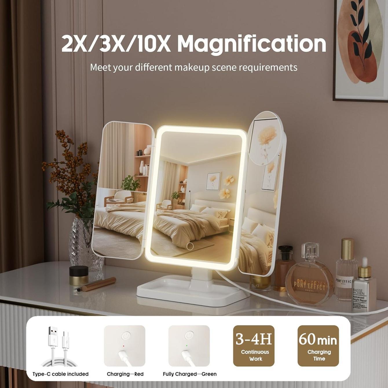 Portable LED Light Makeup Mirror, Lighted Makeup Mirror, Mirror with Lights, 3-fold Foldable Rechargeable Mirror with 2x 3x & 10x Magnification, Touch Control Mirror for Travel & Bedroom Use, Rechargeable Trifold Mirror #TOP PICKS