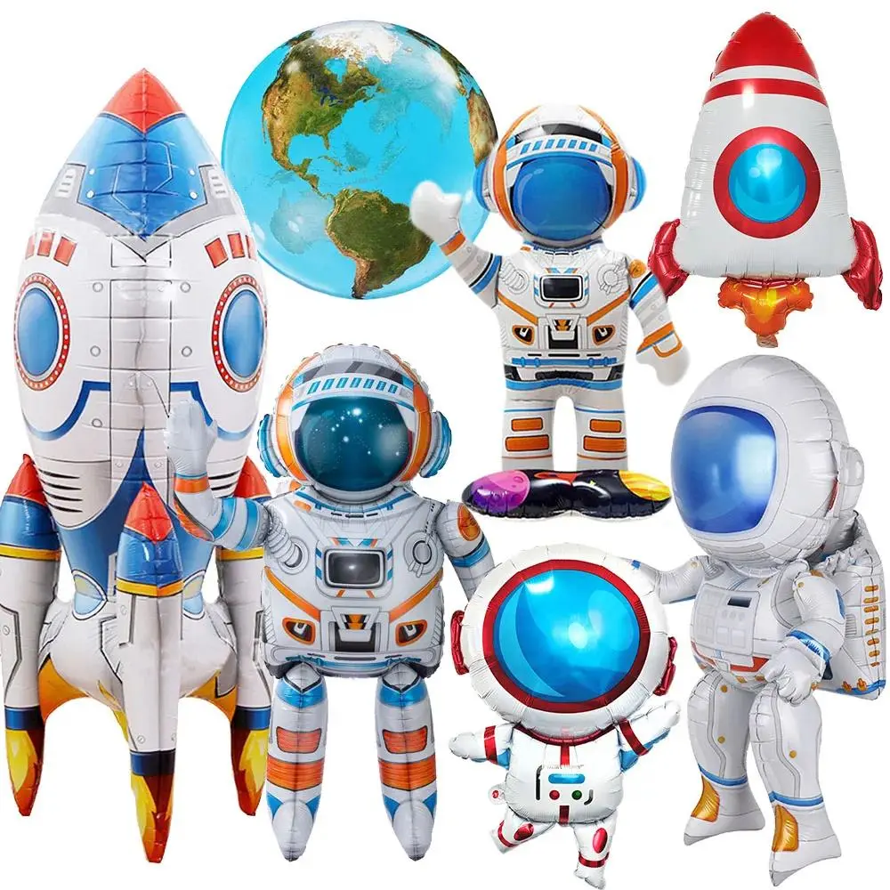 3D Rocket Balloon Self Standing Foil Balloon with Base Astronaut Balloon Rocket Balloon for Outer Space Party Decoration