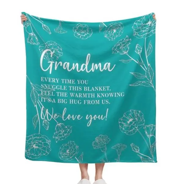Solid Color White Line Art Carnation Floral To My Grandma Warm Hug From Grandkids Quote Flannel Throw Blanket Grandmother Mother’s Day Birthday Christmas Sentimental Comfort Blanket Purple Teal Gray Multi Color Option 30*40in 40*50in 50*60in 60*80in US Lo