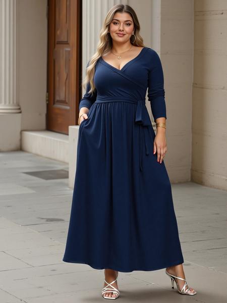 Women's V Neck Stretchy Casual Long Plus Size Dress, Perfect for Bridesmaids, Vintage Style Wedding & Party Wear, Comfortable All-Day Fabric