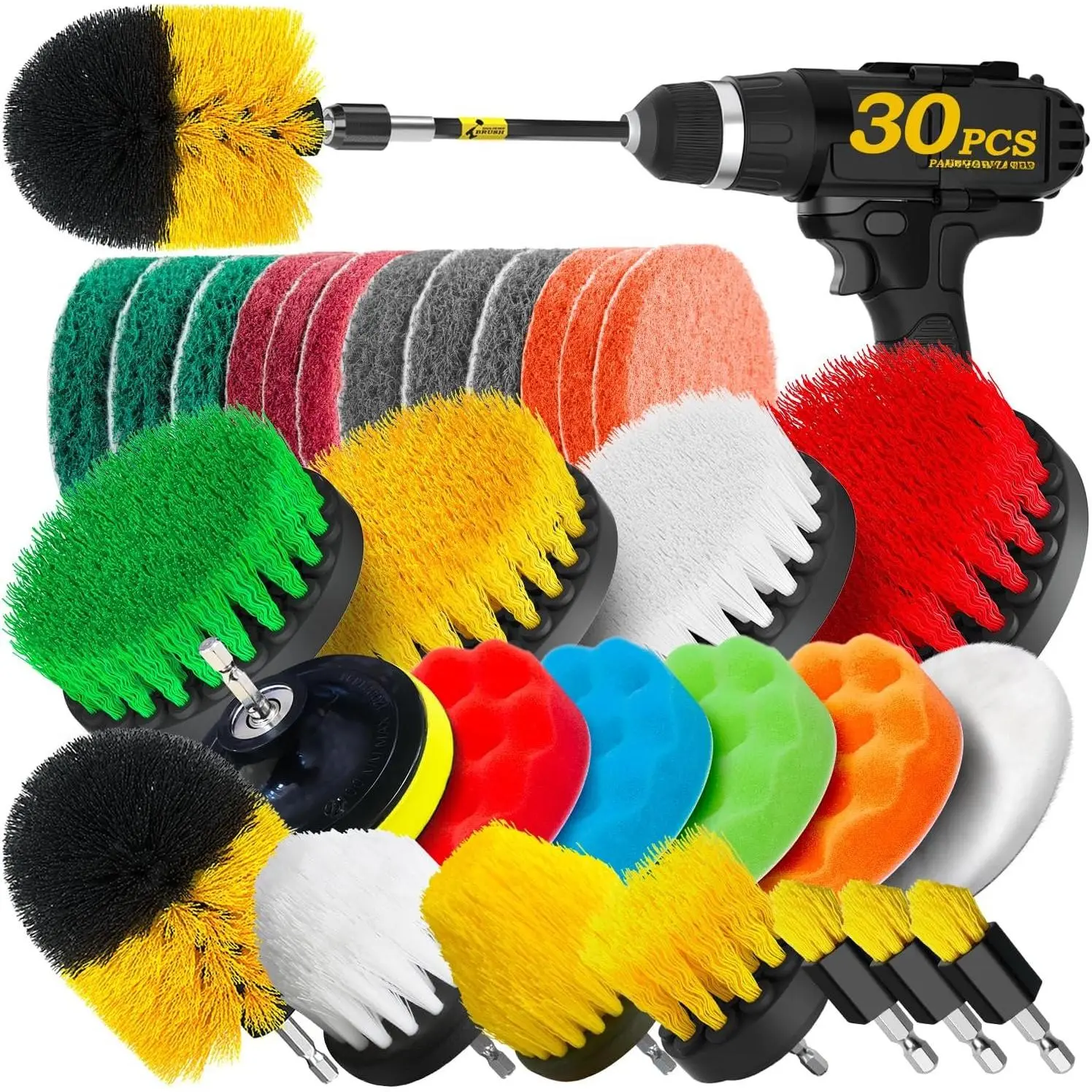 30 count Drill Brush Attachment Set - Power  Cleaning Kit | Buffing Sponges, Nylon Grout Tools, Tile Bathtub Shower Floors Kitchen  Interior Detailing, Cleaning Supplies