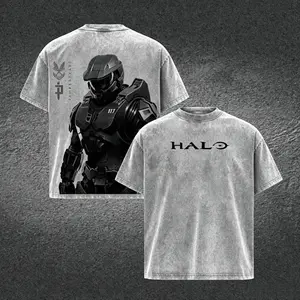Halo Master Chief Double Printed Acid Washed Tee Vintage Gaming Graphic T Shirt Oversized Loose Fit Soft Cotton Short Sleeve Crew Neck Retro Streetwear Lightweight Casual Daily Wear Trendy Gamer Top Holiday Gift for Men Women