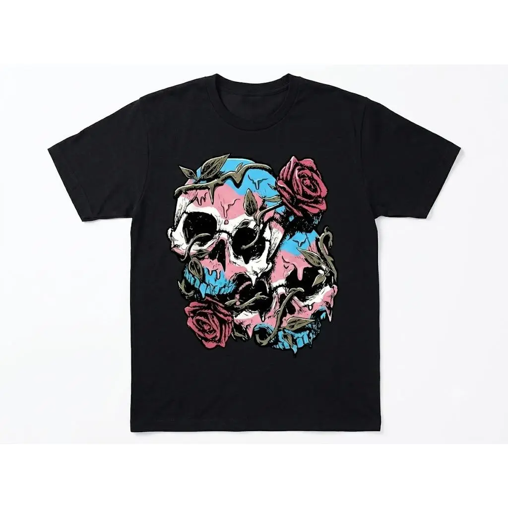 Unisex Transgender Pride Flag Short-Sleeve T-Shirt - Skull & Roses Graphic, Subtle LGBTQ Design, Retro Casual Top, Oak Color, Year-Round Comfortable Sport & Outdoor Sports Top, Shortsleeve