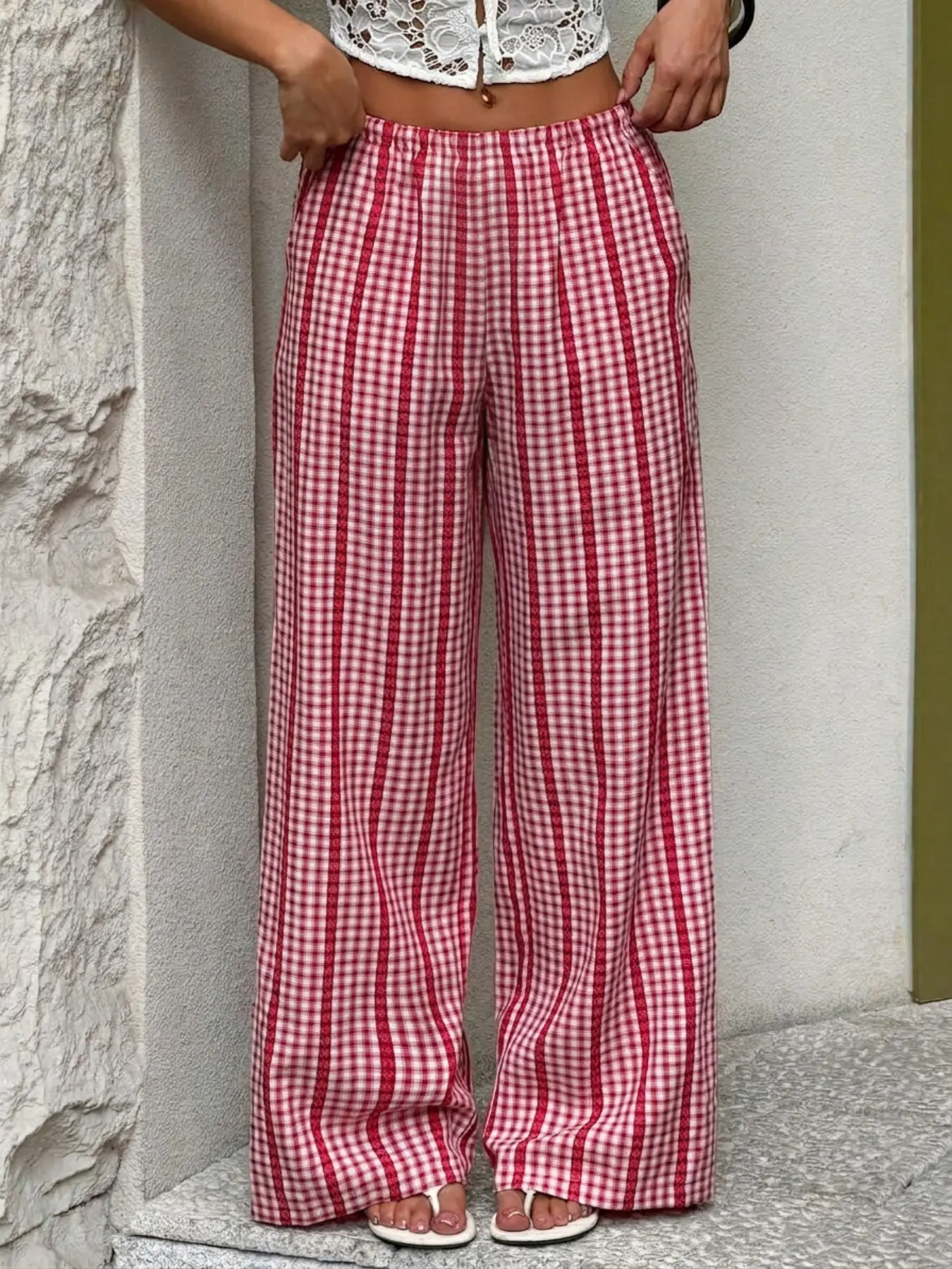 Women's Striped Bubble Wrinkle Wide Leg Pajama Pants, Summer Thin High Waist Elastic Loose Fit Breathable Home Wear Long Trousers