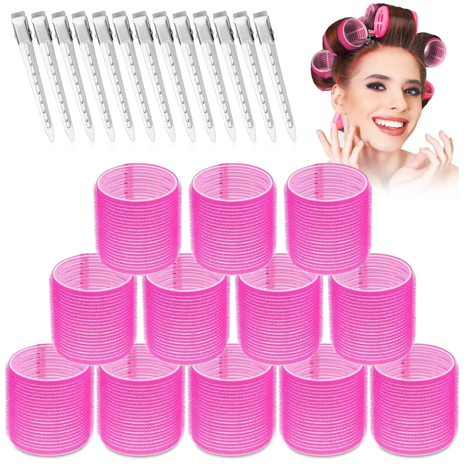 Hair Rollers Set - 24 Pieces with 12 Large Rollers and 12 Clips for Voluminous Long Thick Hair (Hot Pink)